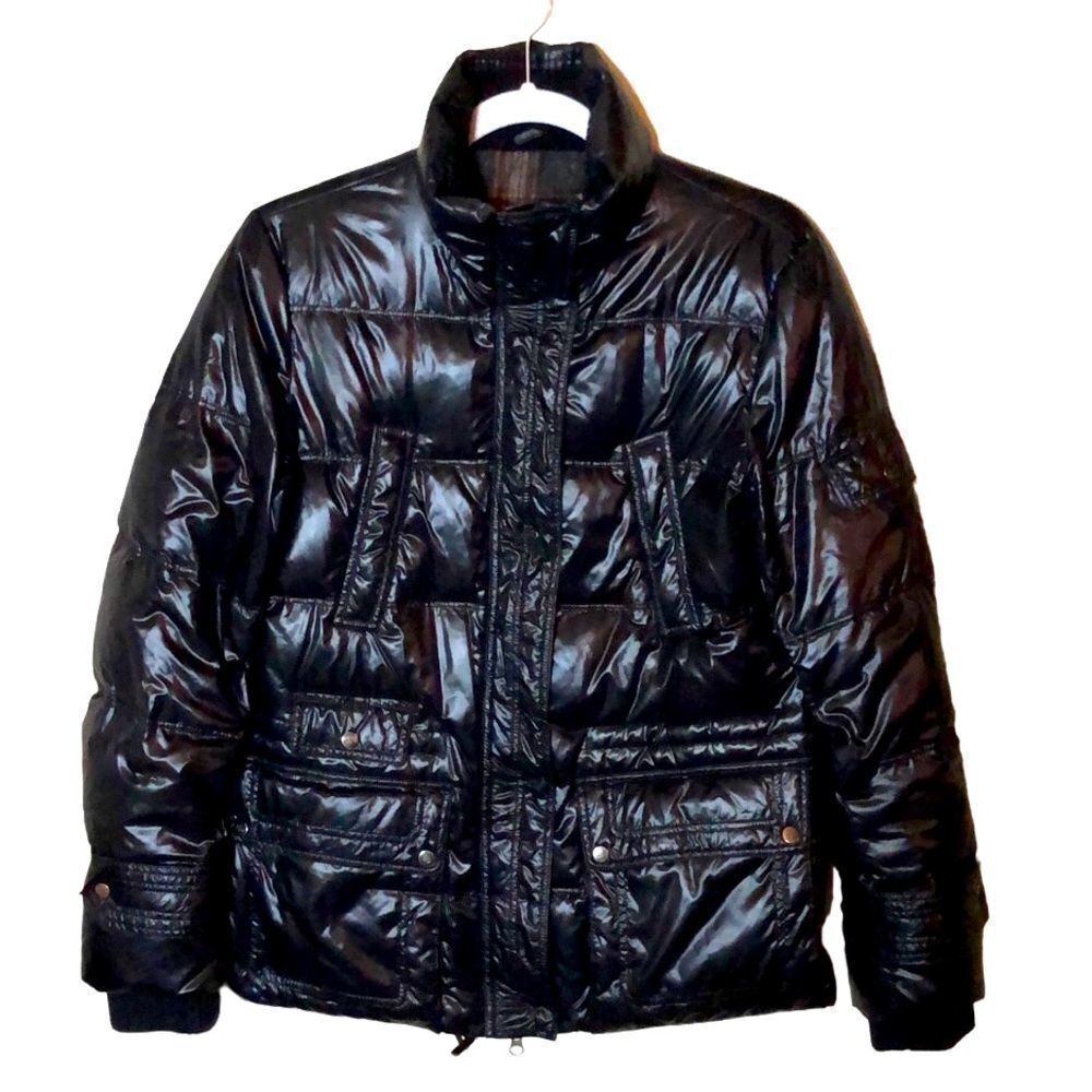 Down Black High Gloss Puffer Coat With Wool Flannel Italian Size 4